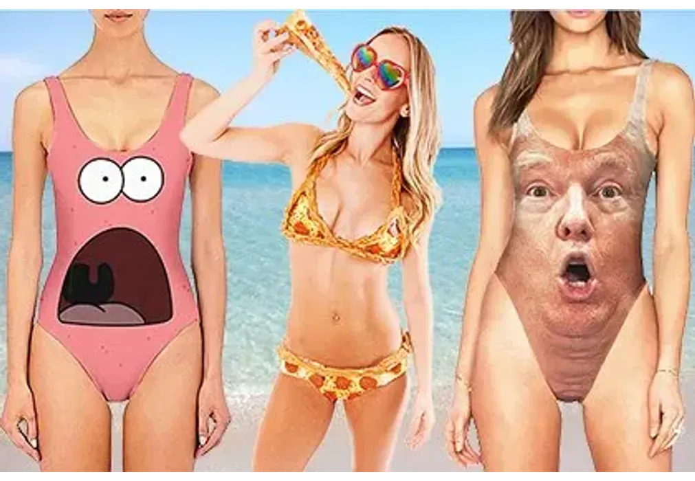 Голые и смешные: монокини с Трампом, пиццакини и другие странные  купальники