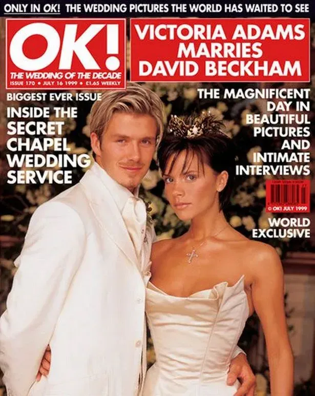 Виктория и Дэвид Бекхэм на обложке журнала OK!, посвящённого их свадьбе, 1999 год/Фото: OK!