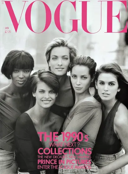 Синди Кроуфорд, Наоми Кэмпбелл, Линда Евангелиста, Кристи Тарлингтон и Татьяна Патиц на обложке Vogue (Великобритания), январь 1990 года